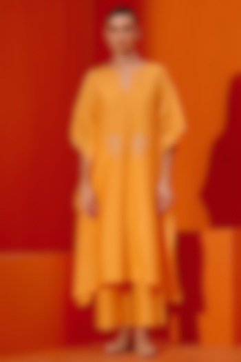 Saffron Silk Chanderi Dori Embroidered Kaftan Set by Devnaagri at Pernia's Pop Up Shop