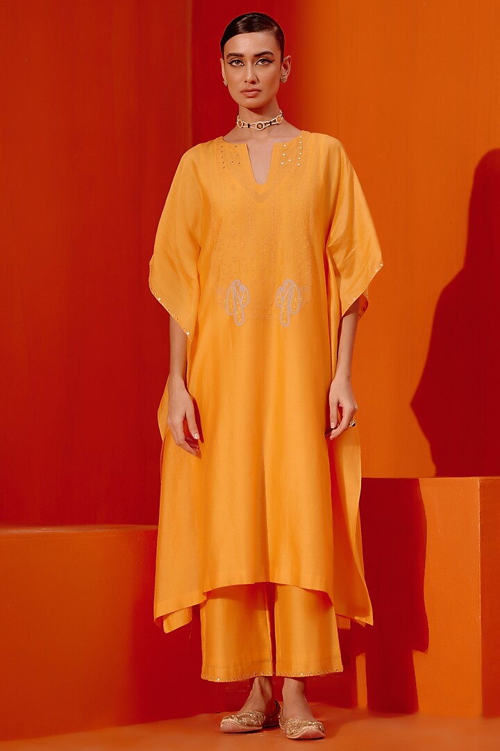 Saffron Silk Chanderi Dori Embroidered Kaftan Set by Devnaagri at Pernia's Pop Up Shop