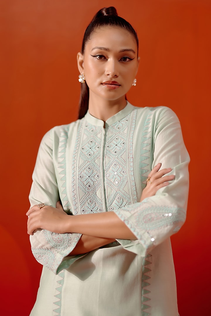 Aqua Blue Silk Chanderi Dori Embroidered Kurta Set by Devnaagri at Pernia's Pop Up Shop