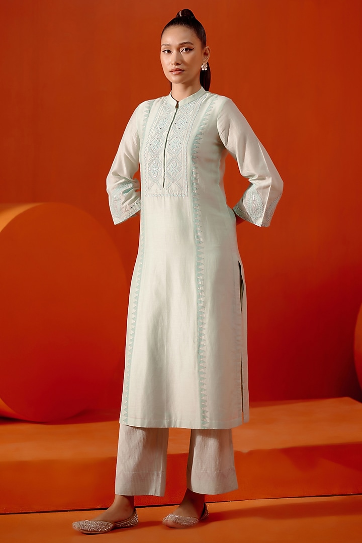 Aqua Blue Silk Chanderi Dori Embroidered Kurta Set by Devnaagri at Pernia's Pop Up Shop