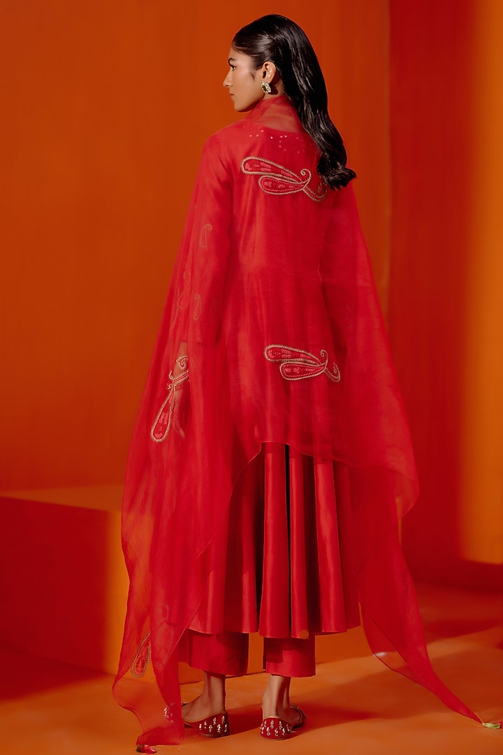 Red Chanderi Dori Embroidered Wedding Anarkali Set by Devnaagri at Pernia's Pop Up Shop