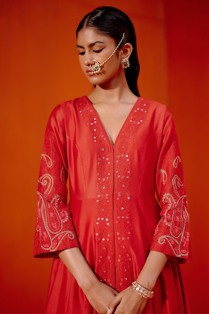 Red Chanderi Dori Embroidered Wedding Anarkali Set by Devnaagri at Pernia's Pop Up Shop