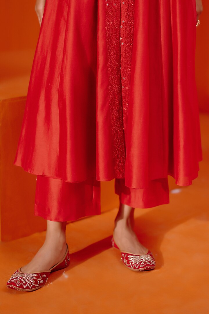 Red Chanderi Dori Embroidered Wedding Anarkali Set by Devnaagri at Pernia's Pop Up Shop