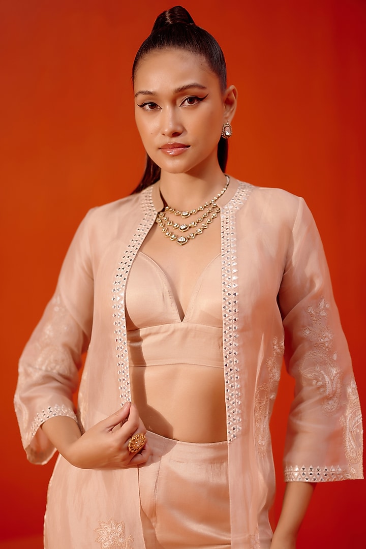 Beige Silk Organza Dori Embroidered Jacket Set by Devnaagri at Pernia's Pop Up Shop