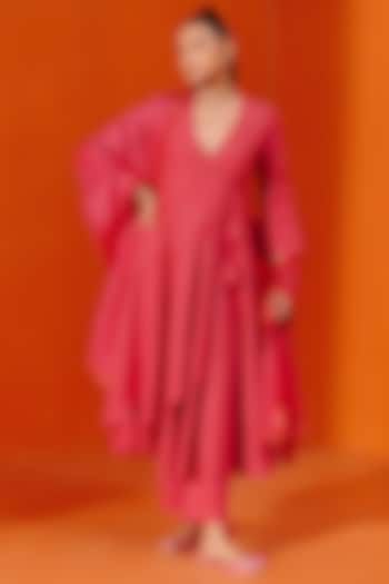 Rani Pink Cotton Silk Blend Dori Embroidered Angrakha Anarkali Set by Devnaagri