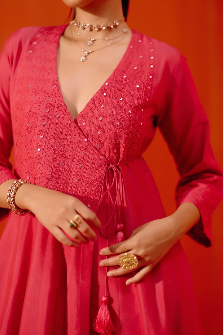 Rani Pink Cotton Silk Blend Dori Embroidered Angrakha Wedding Anarkali Set by Devnaagri at Pernia's Pop Up Shop