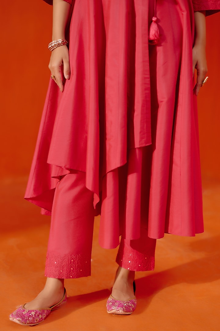Rani Pink Cotton Silk Blend Dori Embroidered Angrakha Wedding Anarkali Set by Devnaagri at Pernia's Pop Up Shop