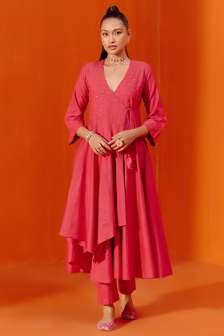 Rani Pink Cotton Silk Blend Dori Embroidered Angrakha Wedding Anarkali Set by Devnaagri at Pernia's Pop Up Shop