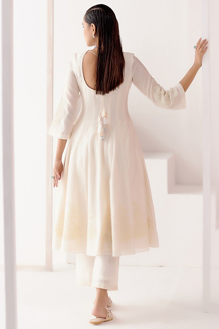 Ivory Silk Chanderi Dori Embroidered Wedding Anarkali Set by Devnaagri at Pernia's Pop Up Shop