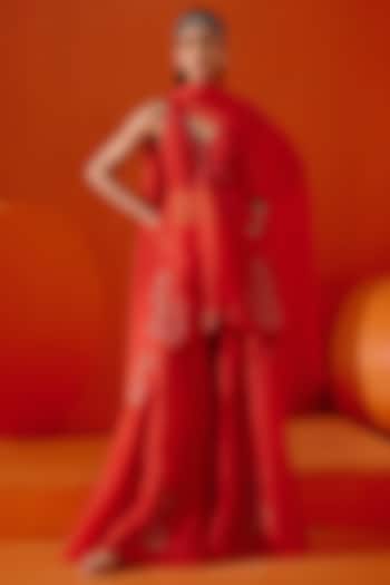 Red Organza Dori Embroidered Wedding Sharara Set by Devnaagri at Pernia's Pop Up Shop