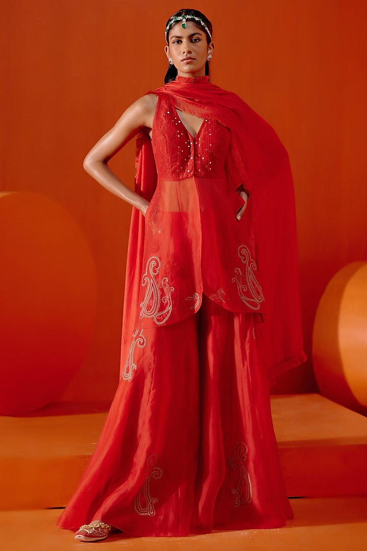 Red Organza Dori Embroidered Wedding Sharara Set by Devnaagri at Pernia's Pop Up Shop