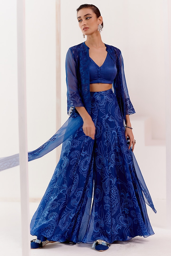 Navy Blue Organza Sharara Set by Devnaagri at Pernia's Pop Up Shop