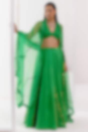 Green Cotton Silk Satin Dori Embroidered Wedding Lehenga Set by Devnaagri at Pernia's Pop Up Shop