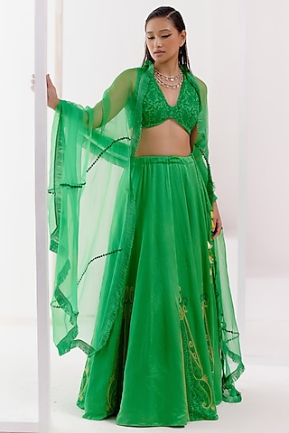 Green Cotton Silk Satin Dori Embroidered Lehenga Set by Devnaagri