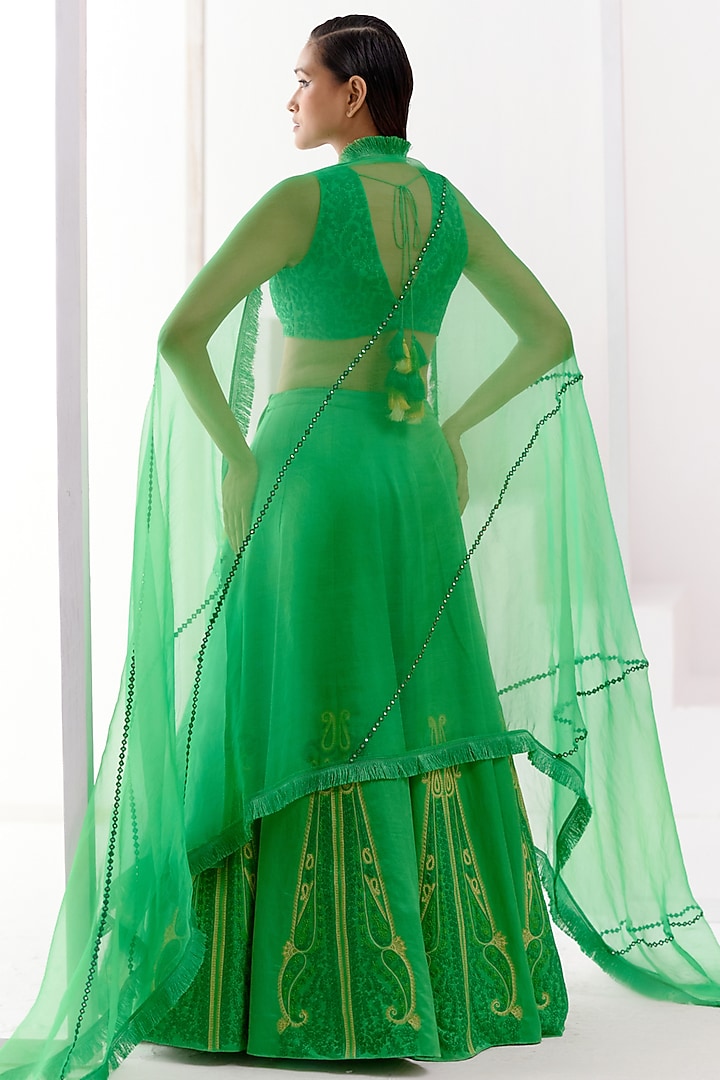 Green Cotton Silk Satin Dori Embroidered Wedding Lehenga Set by Devnaagri at Pernia's Pop Up Shop
