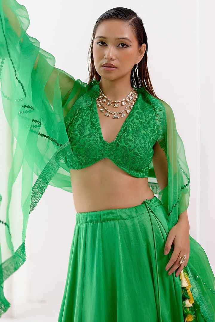 Green Cotton Silk Satin Dori Embroidered Wedding Lehenga Set by Devnaagri at Pernia's Pop Up Shop