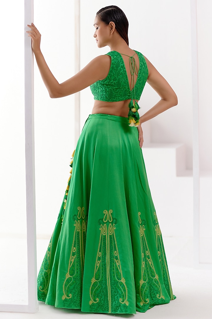 Green Cotton Silk Satin Dori Embroidered Wedding Lehenga Set by Devnaagri at Pernia's Pop Up Shop