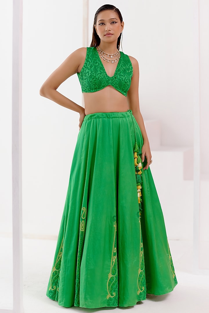 Green Cotton Silk Satin Dori Embroidered Wedding Lehenga Set by Devnaagri at Pernia's Pop Up Shop