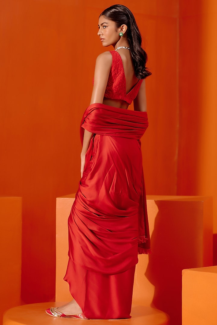 Red Satin Pre-Draped Wedding Saree Set by Devnaagri at Pernia's Pop Up Shop