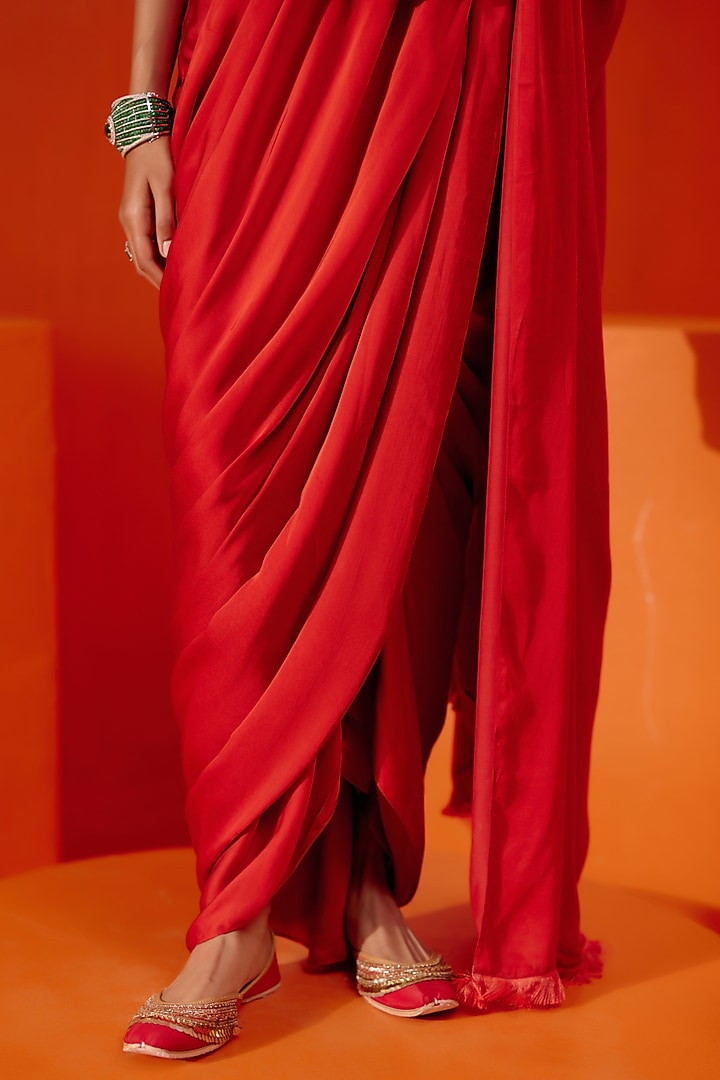 Red Satin Pre-Draped Wedding Saree Set by Devnaagri at Pernia's Pop Up Shop