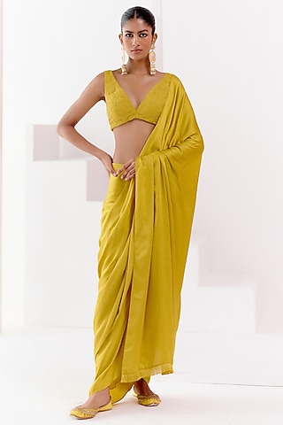 Mustard Satin Pre-Draped Saree Set by Devnaagri