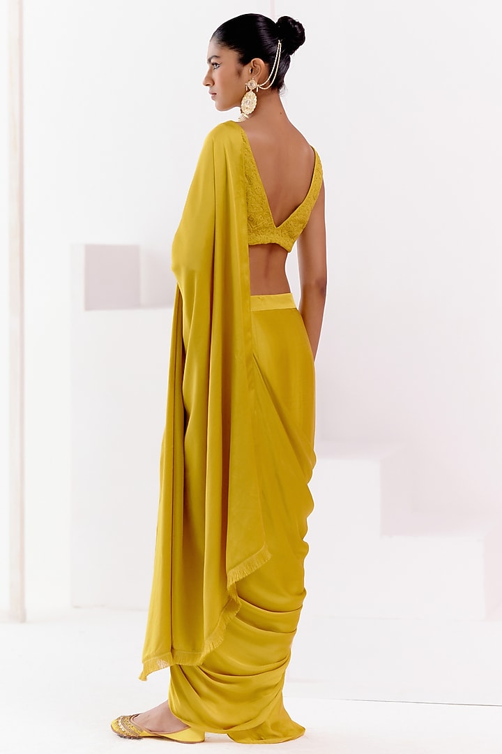 Mustard Satin Pre-Draped Wedding Saree Set by Devnaagri at Pernia's Pop Up Shop