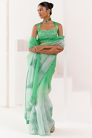 Green Organza Dori Embroidered Ombre Saree Set by Devnaagri