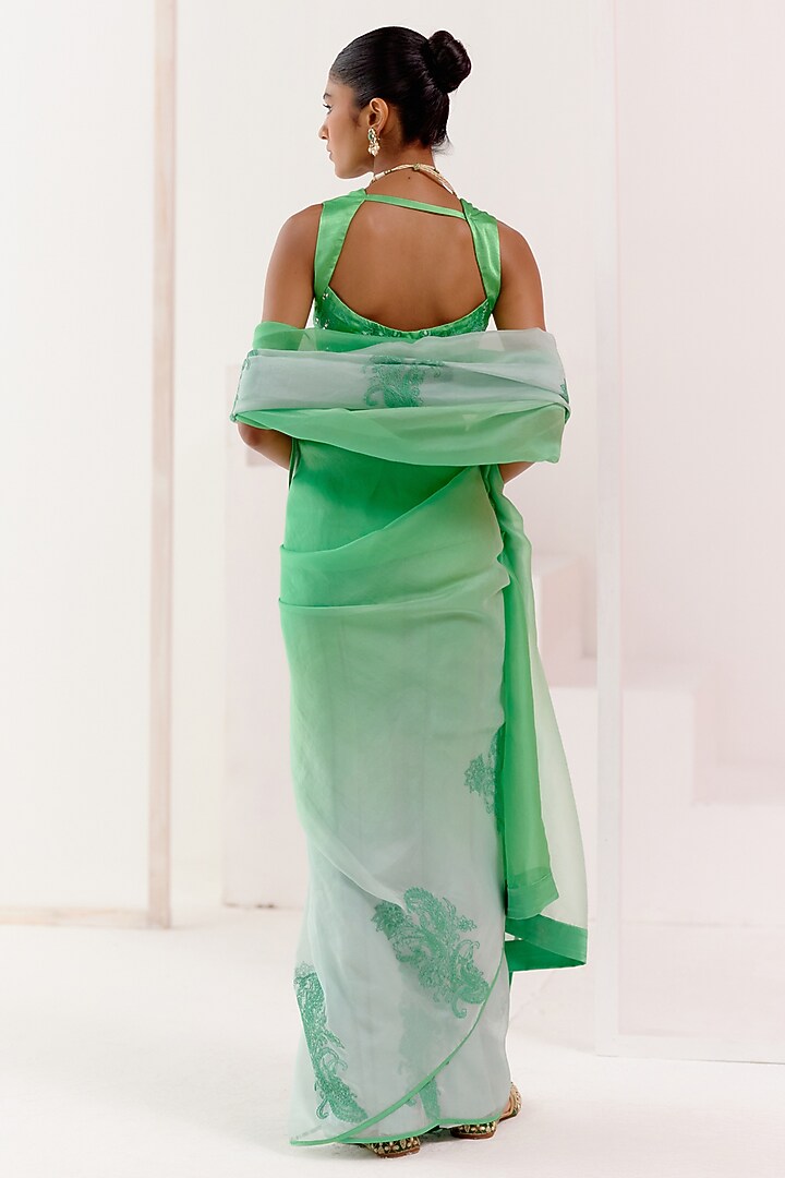 Green Organza Dori Embroidered Ombre Wedding Saree Set by Devnaagri at Pernia's Pop Up Shop
