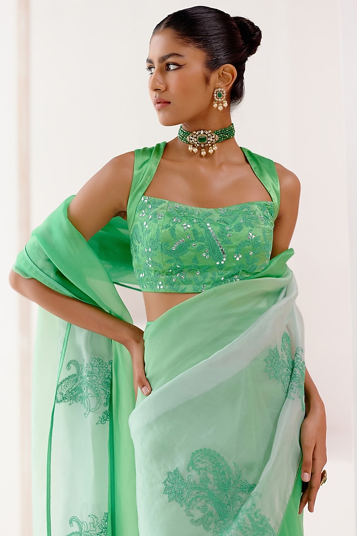 Green Organza Dori Embroidered Ombre Wedding Saree Set by Devnaagri at Pernia's Pop Up Shop