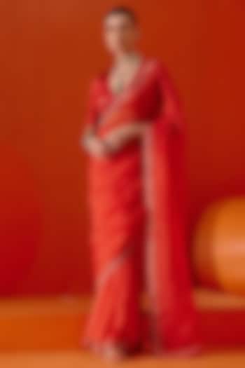 Red Organza Dori Embroidered Saree Set by Devnaagri