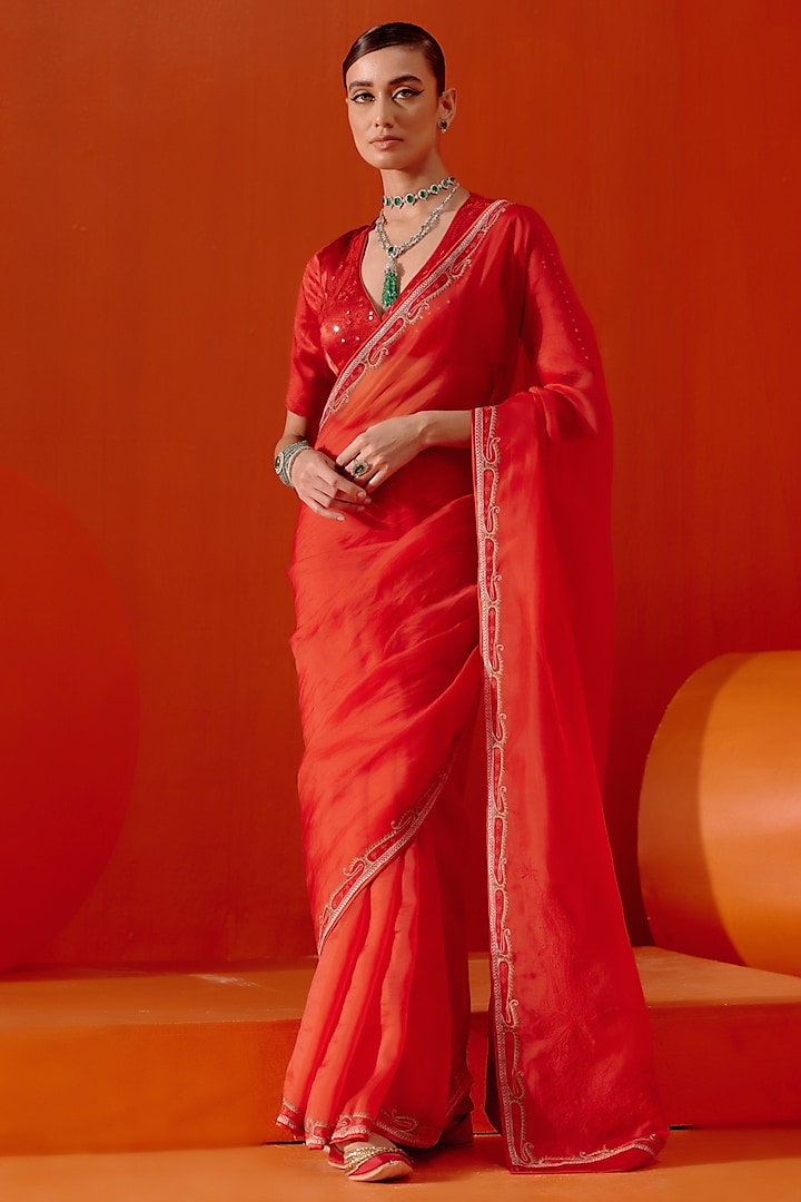 Red Organza Dori Embroidered Saree Set by Devnaagri