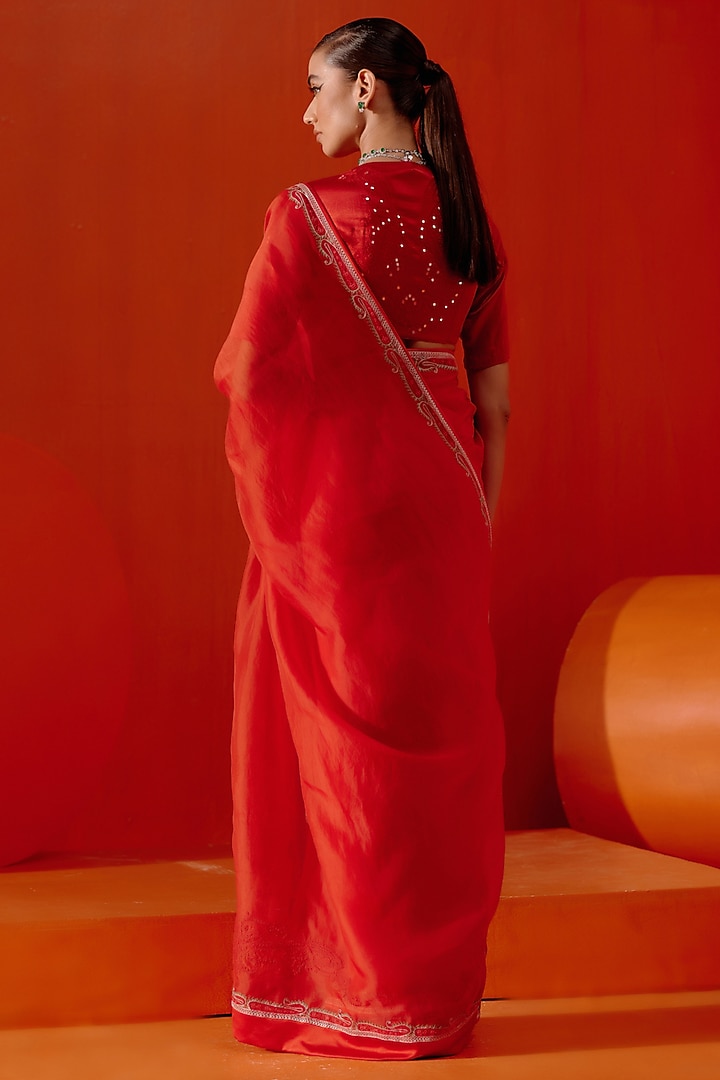 Red Organza Dori Embroidered Wedding Saree Set by Devnaagri at Pernia's Pop Up Shop