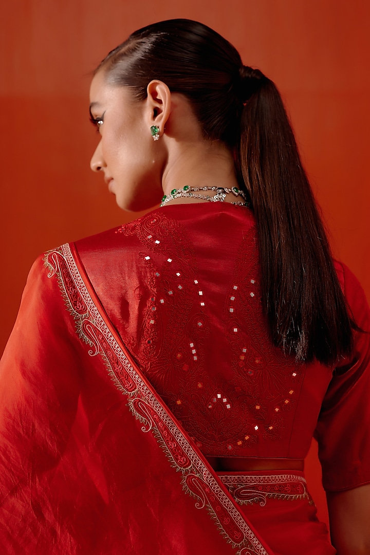 Red Organza Dori Embroidered Wedding Saree Set by Devnaagri at Pernia's Pop Up Shop