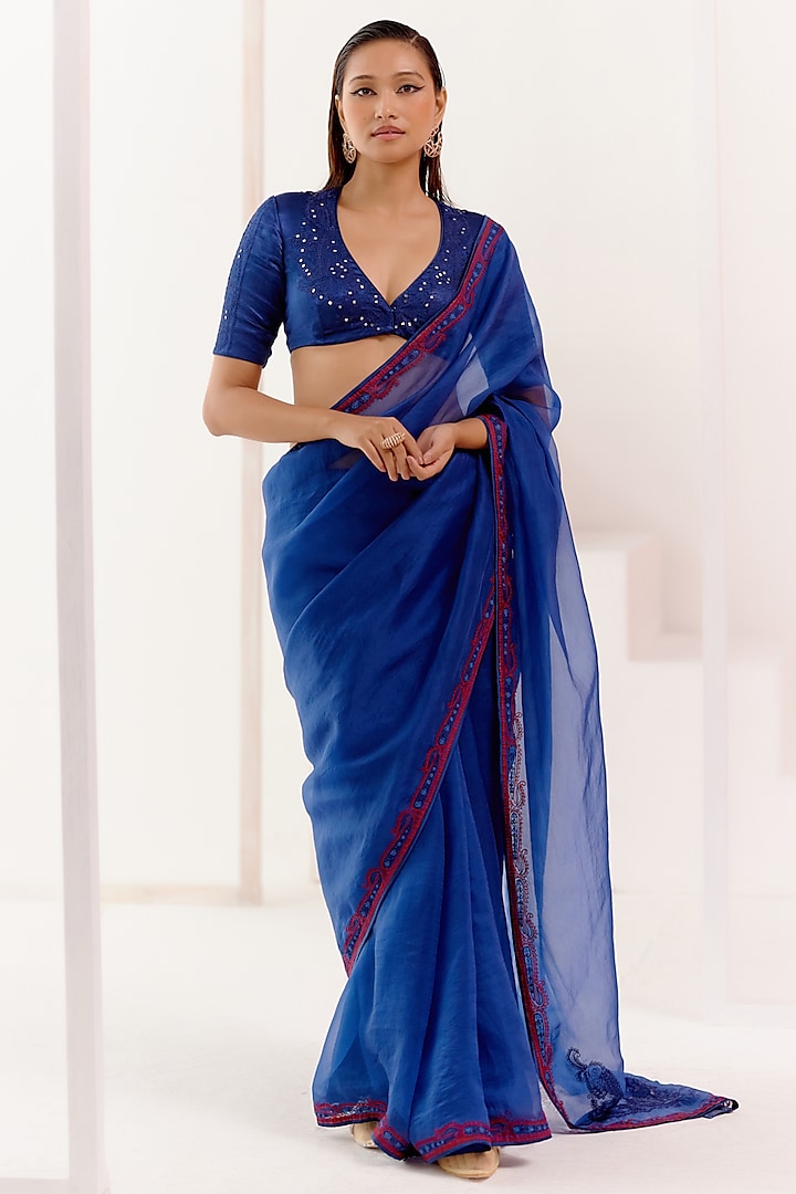 Royal Blue Organza Dori Embroidered Saree Set by Devnaagri