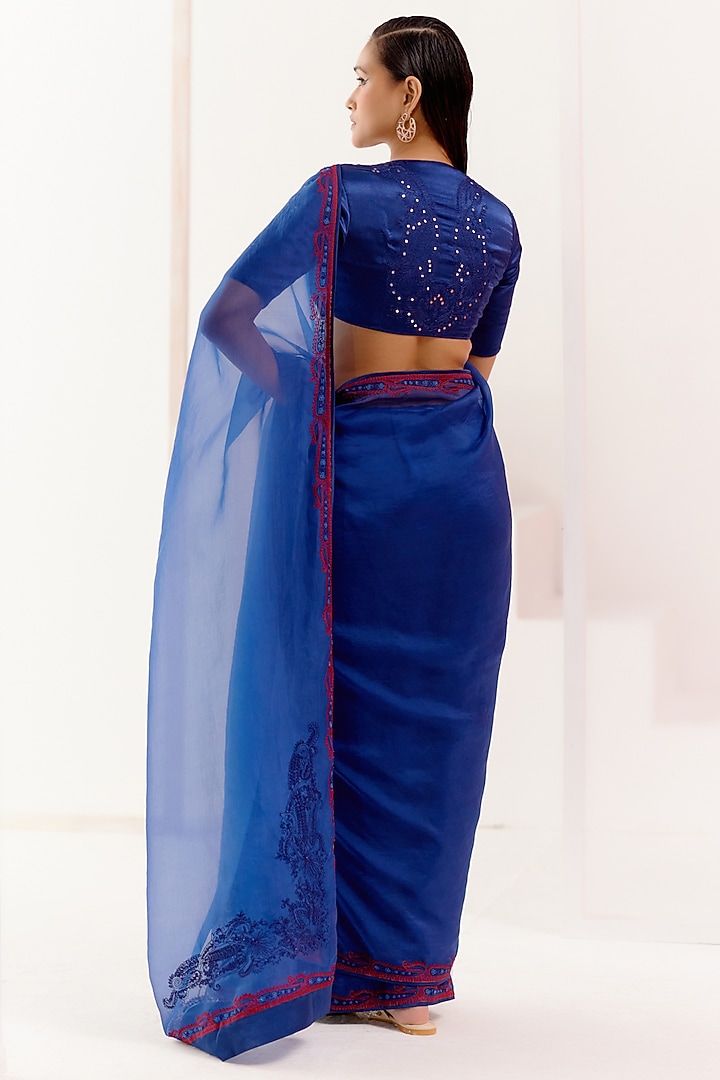 Royal Blue Organza Dori Embroidered Wedding Saree Set by Devnaagri at Pernia's Pop Up Shop