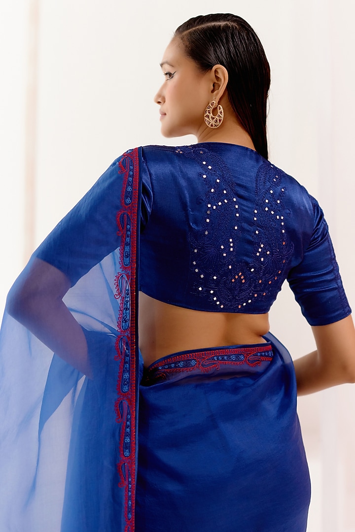Royal Blue Organza Dori Embroidered Wedding Saree Set by Devnaagri at Pernia's Pop Up Shop