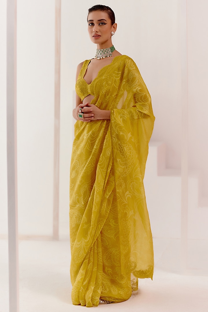 Mustard Silk Organza Woven Saree Set by Devnaagri