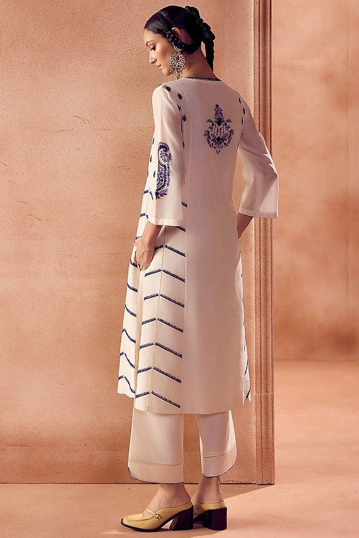 Ivory & Blue Silk Chanderi Dori Embroidered Kurta Set by Devnaagri at Pernia's Pop Up Shop