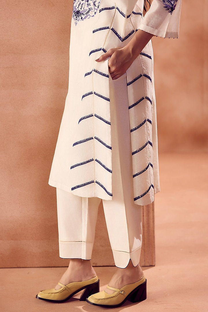 Ivory & Blue Silk Chanderi Dori Embroidered Kurta Set by Devnaagri at Pernia's Pop Up Shop