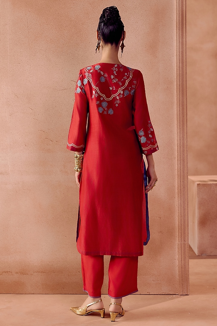 Red Silk Chanderi Dori Embroidered Kurta Set by Devnaagri at Pernia's Pop Up Shop