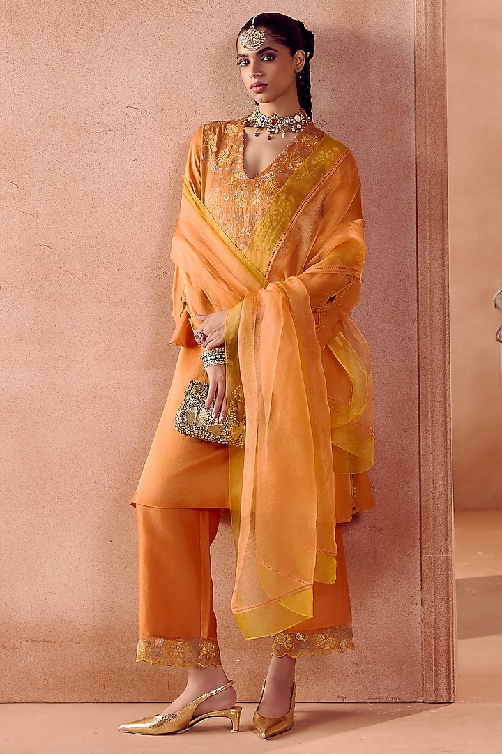 Rust orange Cotton Silk Satin Dori Embroidered Kurta Set by Devnaagri at Pernia's Pop Up Shop