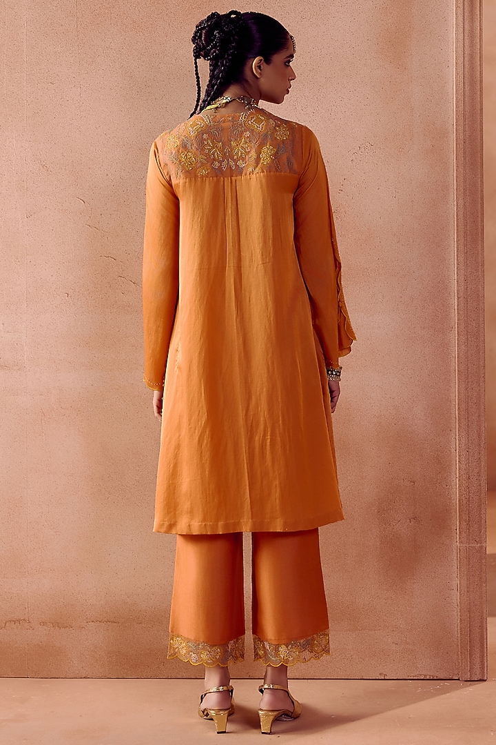 Rust orange Cotton Silk Satin Dori Embroidered Kurta Set by Devnaagri at Pernia's Pop Up Shop