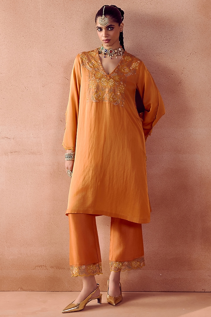 Rust orange Cotton Silk Satin Dori Embroidered Kurta Set by Devnaagri at Pernia's Pop Up Shop