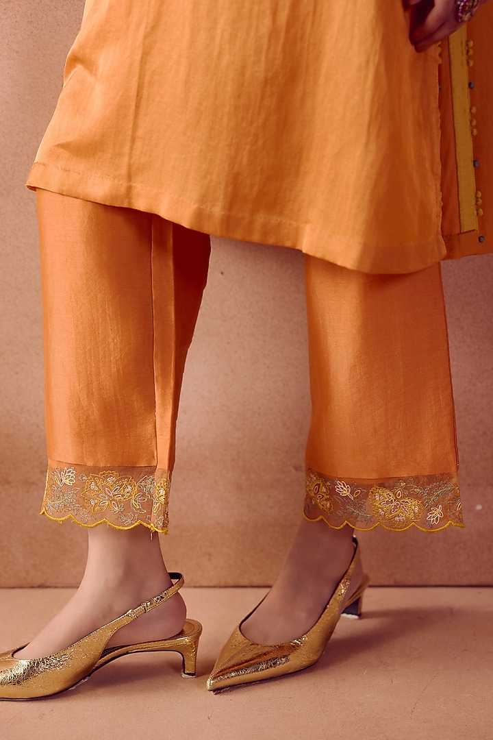 Rust orange Cotton Silk Satin Dori Embroidered Kurta Set by Devnaagri at Pernia's Pop Up Shop