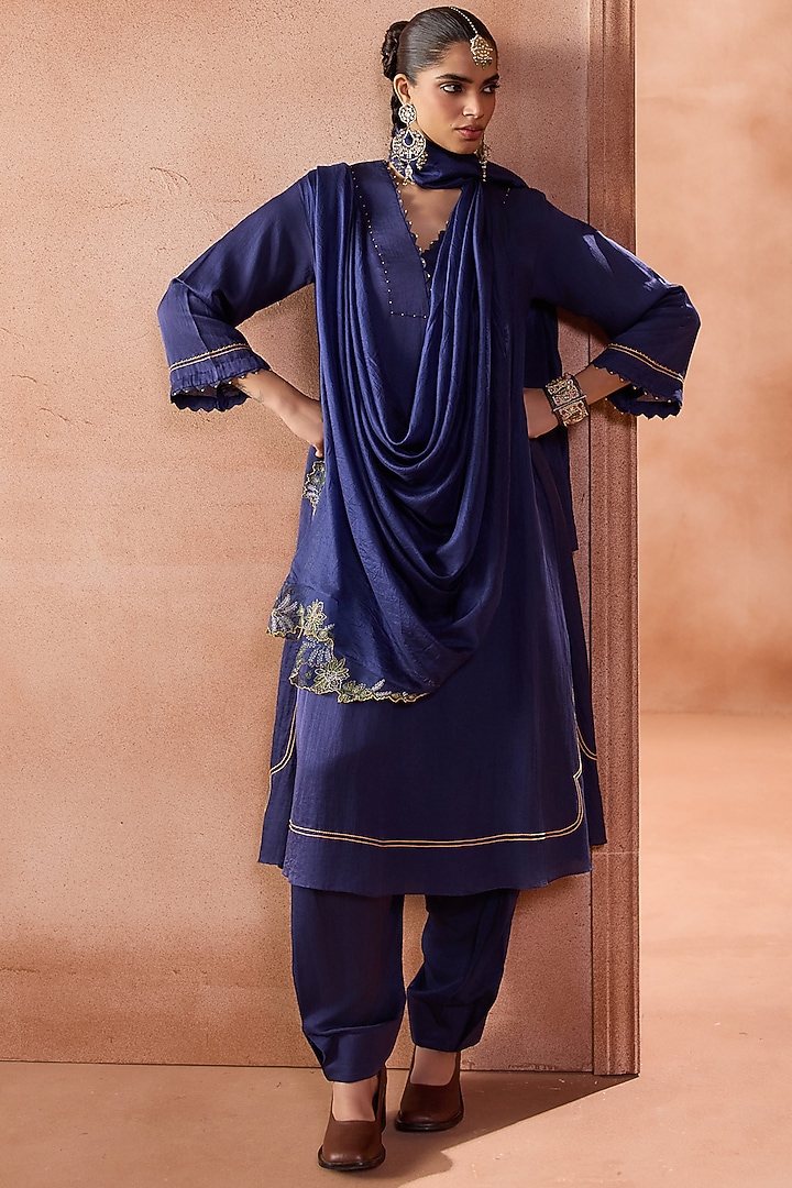 Navy Blue Cotton Silk Satin Kurta Set by Devnaagri at Pernia's Pop Up Shop