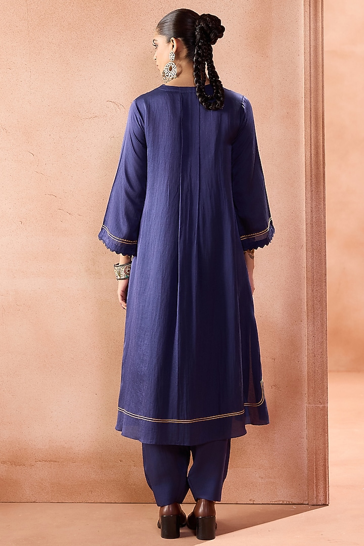 Navy Blue Cotton Silk Satin Kurta Set by Devnaagri at Pernia's Pop Up Shop