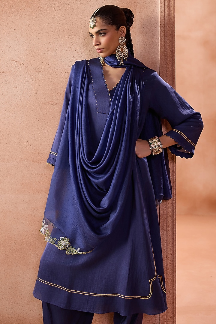 Navy Blue Cotton Silk Satin Kurta Set by Devnaagri at Pernia's Pop Up Shop