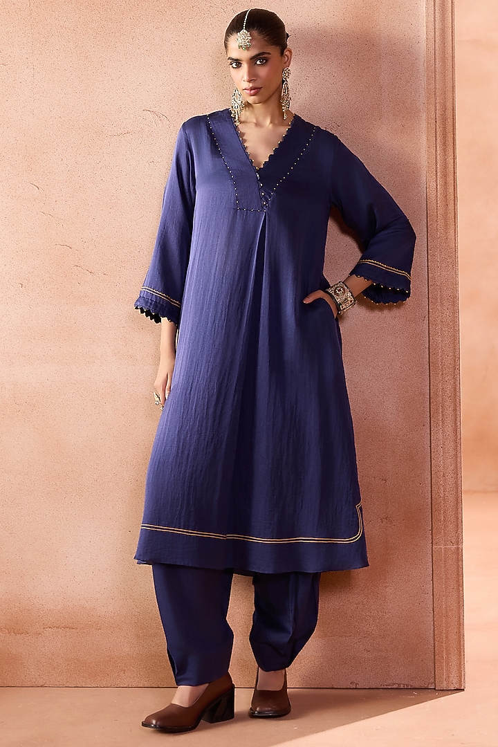 Navy Blue Cotton Silk Satin Kurta Set by Devnaagri at Pernia's Pop Up Shop