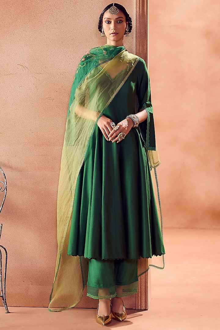 Green Cotton Silk Blend Floral Embroidered Wedding Anarkali Set by Devnaagri at Pernia's Pop Up Shop