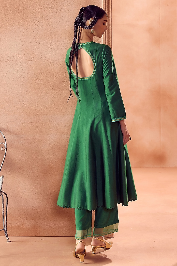 Green Cotton Silk Blend Floral Embroidered Wedding Anarkali Set by Devnaagri at Pernia's Pop Up Shop